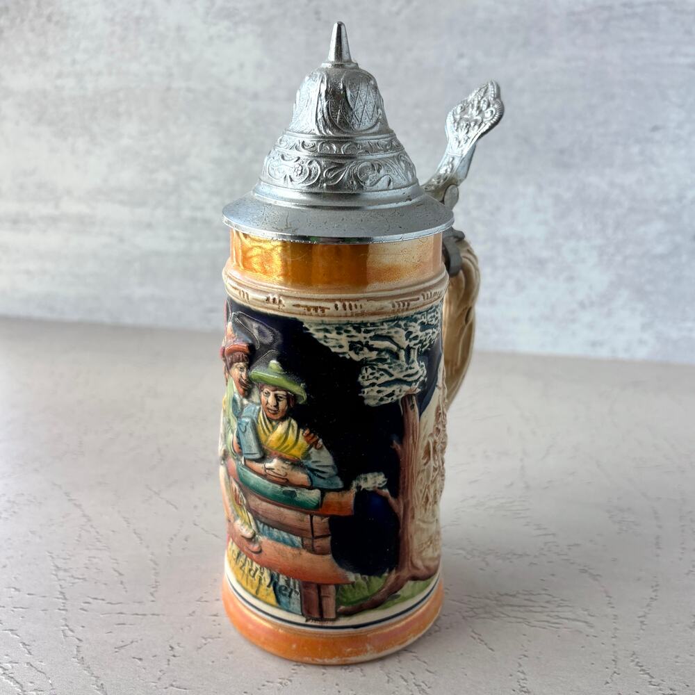 Vintage MCM Lidded Beer Stein Germany "Gehsetzdiher" 7"